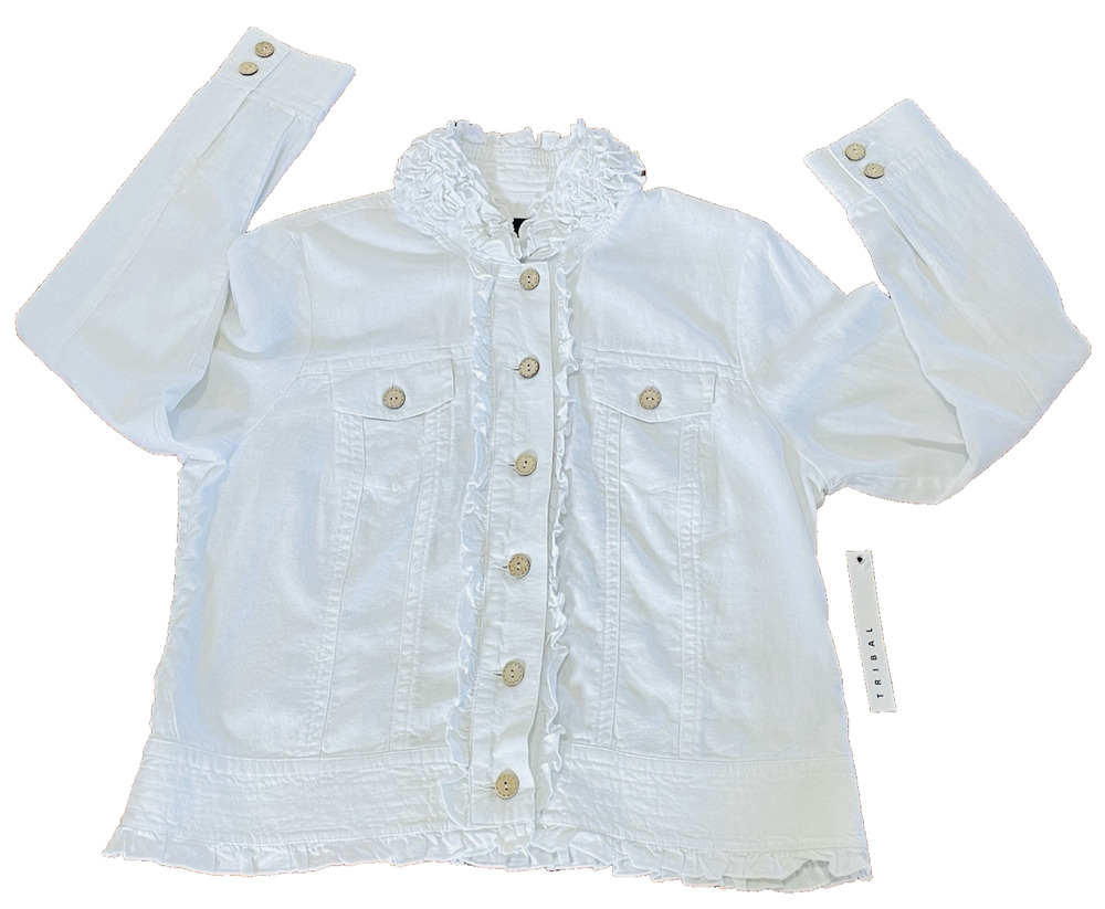White Linen Blend Jacket Button Front Ruffled Collar Grandma Core Resort Wear